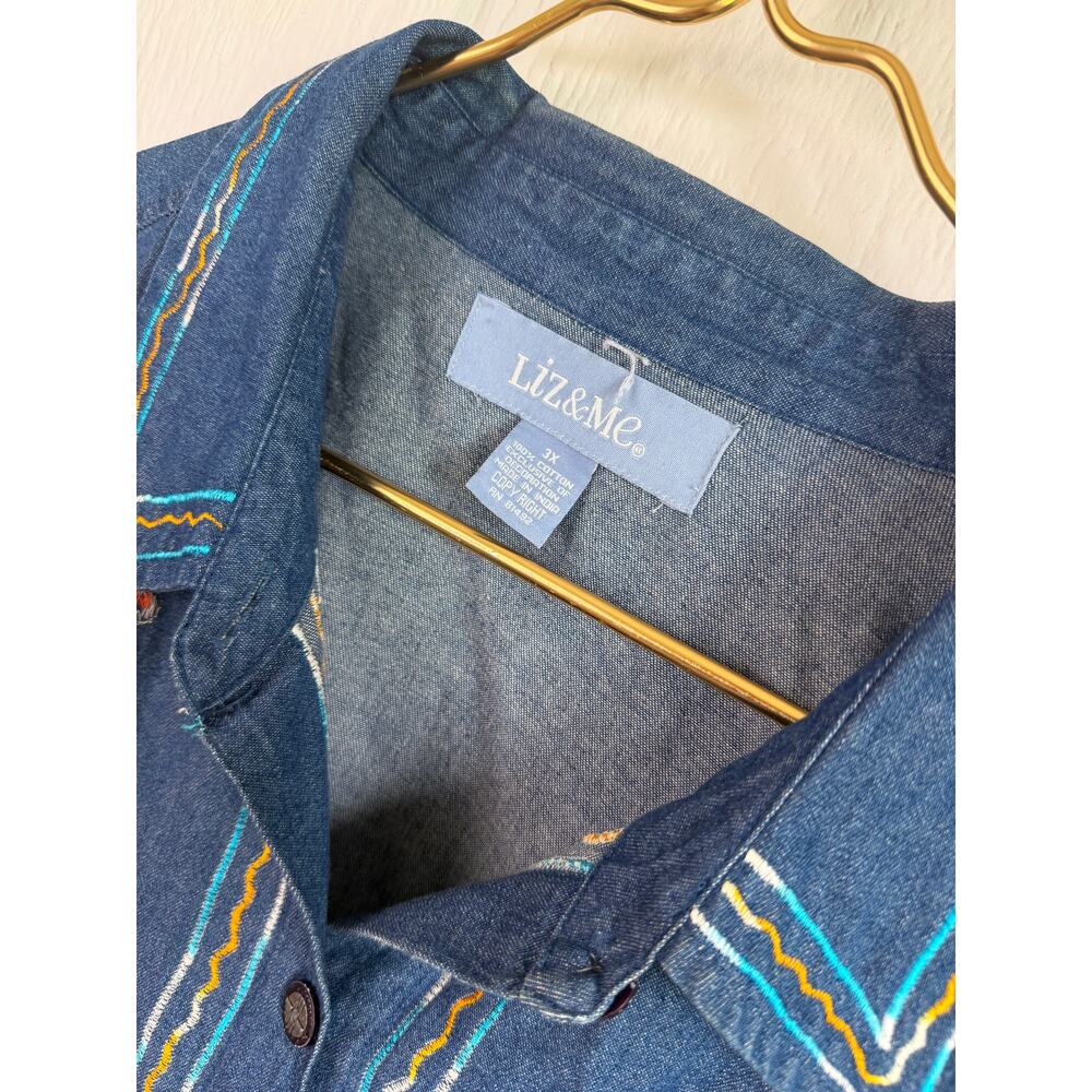 Liz & Me 3X Embroidered Denim Button Up Tunic Floral Boho Cottagecore Plus - Picture 6 of 7